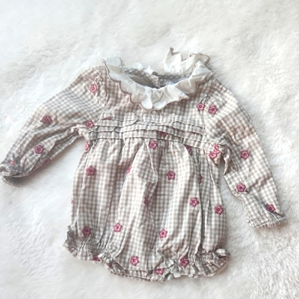 Gingham Ruffle Baby Bubble with Floral Embroidery